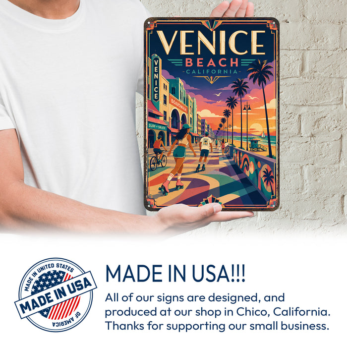 Venice Beach California metal sign with art-deco vintage travel poster style of Venice Beach California (california coast)