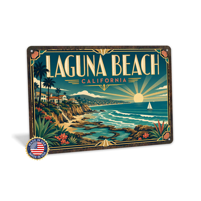 Laguna Beach California metal sign with art-deco vintage travel poster style of Laguna Beach California (california coast)