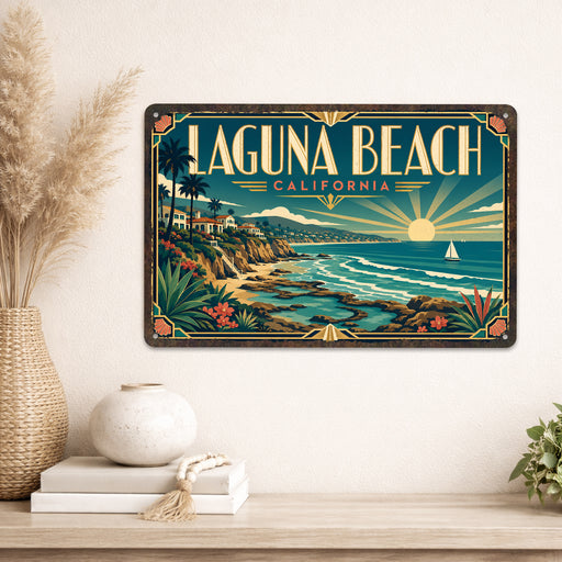 Laguna Beach California metal sign with art-deco vintage travel poster style of Laguna Beach California (california coast)