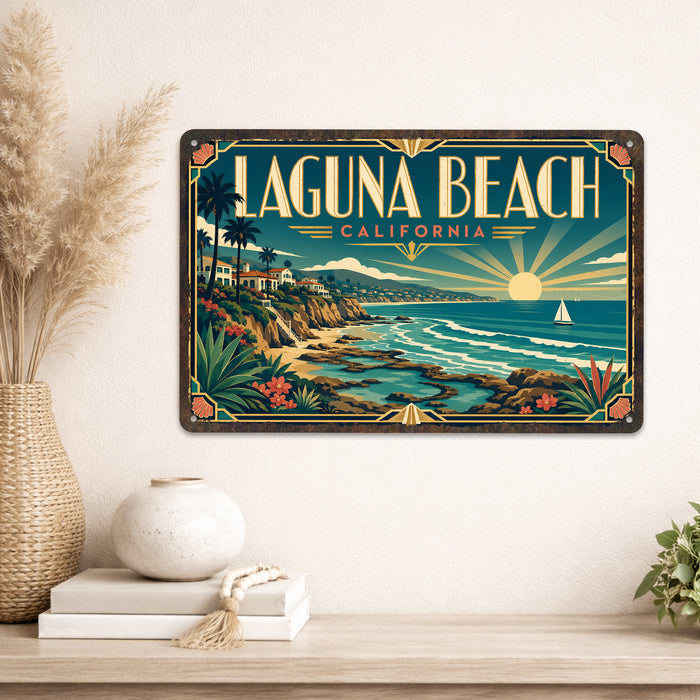 Laguna Beach California metal sign with art-deco vintage travel poster style of Laguna Beach California (california coast)