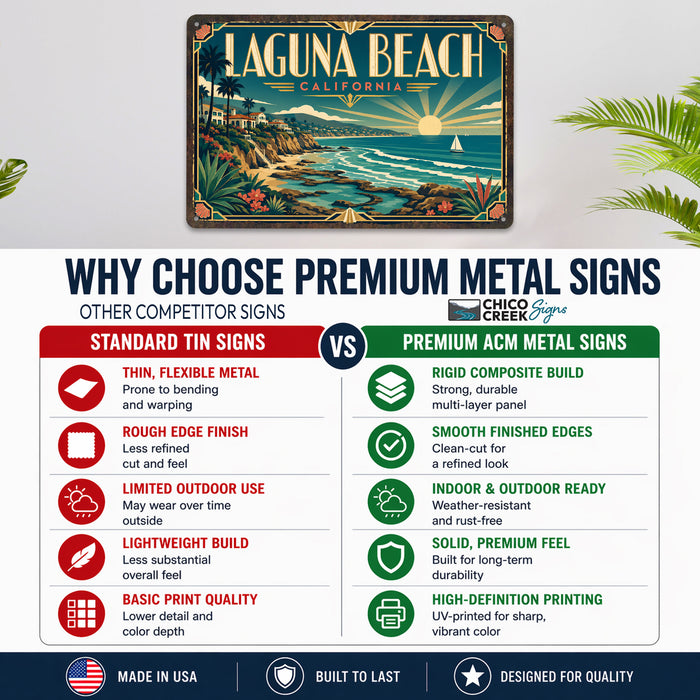 Laguna Beach California metal sign with art-deco vintage travel poster style of Laguna Beach California (california coast)