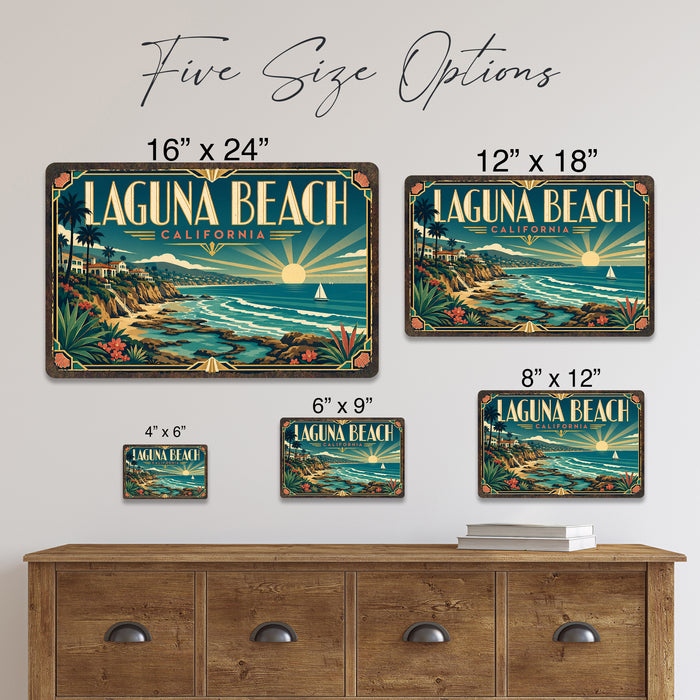 Laguna Beach California metal sign with art-deco vintage travel poster style of Laguna Beach California (california coast)