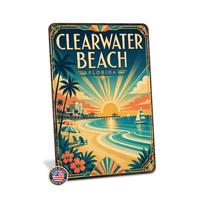 Clearwater Beach Florida metal sign with art-deco vintage travel poster style of Clearwater Beach Florida (florida gulf)