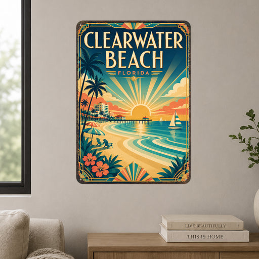 Clearwater Beach Florida metal sign with art-deco vintage travel poster style of Clearwater Beach Florida (florida gulf)