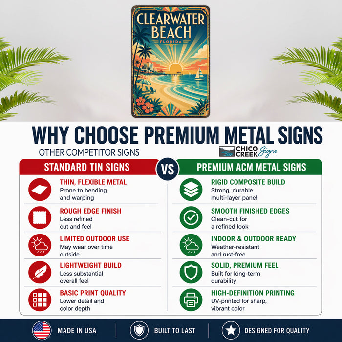 Clearwater Beach Florida metal sign with art-deco vintage travel poster style of Clearwater Beach Florida (florida gulf)