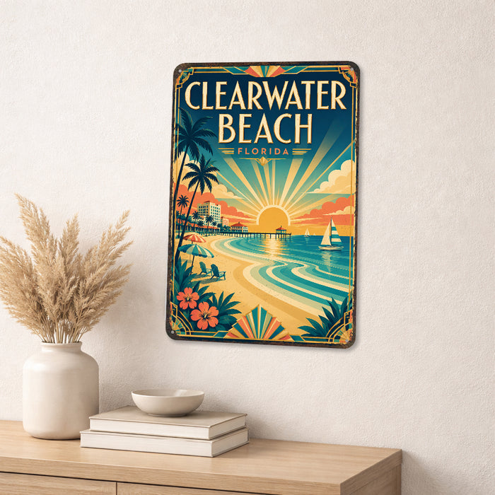 Clearwater Beach Florida metal sign with art-deco vintage travel poster style of Clearwater Beach Florida (florida gulf)