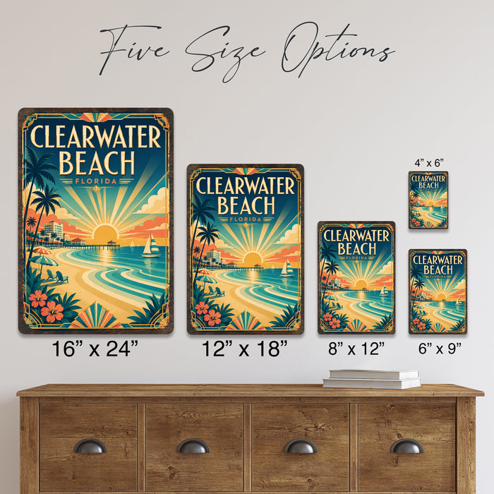 Clearwater Beach Florida metal sign with art-deco vintage travel poster style of Clearwater Beach Florida (florida gulf)
