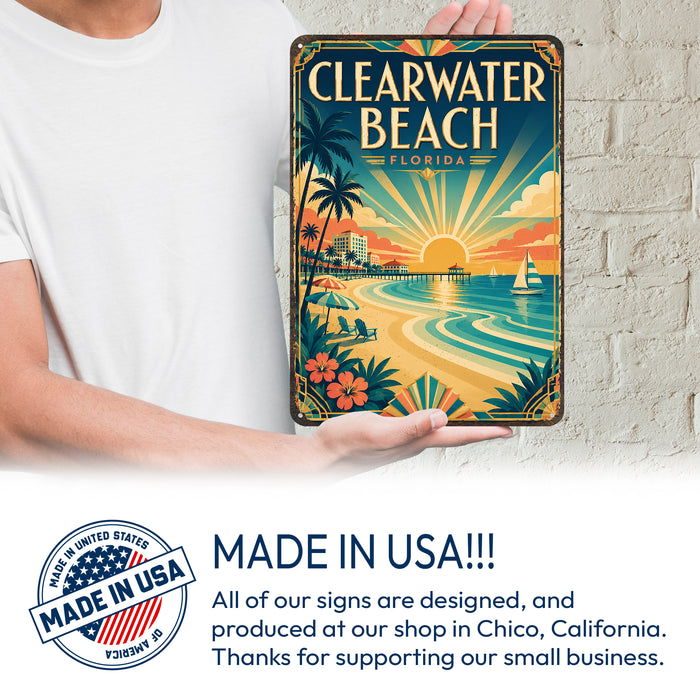 Clearwater Beach Florida metal sign with art-deco vintage travel poster style of Clearwater Beach Florida (florida gulf)