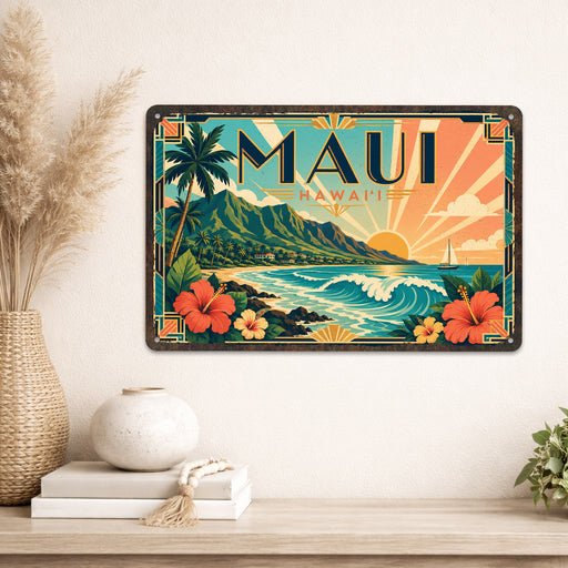 Maui Hawaii metal sign with art-deco vintage travel poster style of Maui Hawaii (hawaii pacific)