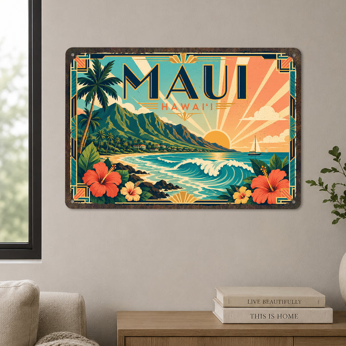 Maui Hawaii metal sign with art-deco vintage travel poster style of Maui Hawaii (hawaii pacific)