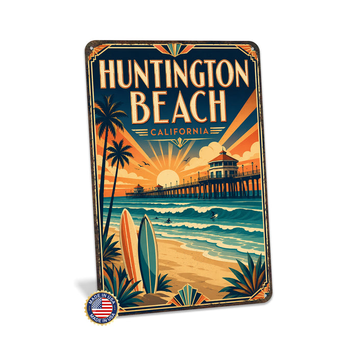 Huntington Beach California metal sign with art-deco vintage travel poster style of Huntington Beach California (california