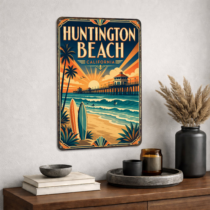 Huntington Beach California metal sign with art-deco vintage travel poster style of Huntington Beach California (california