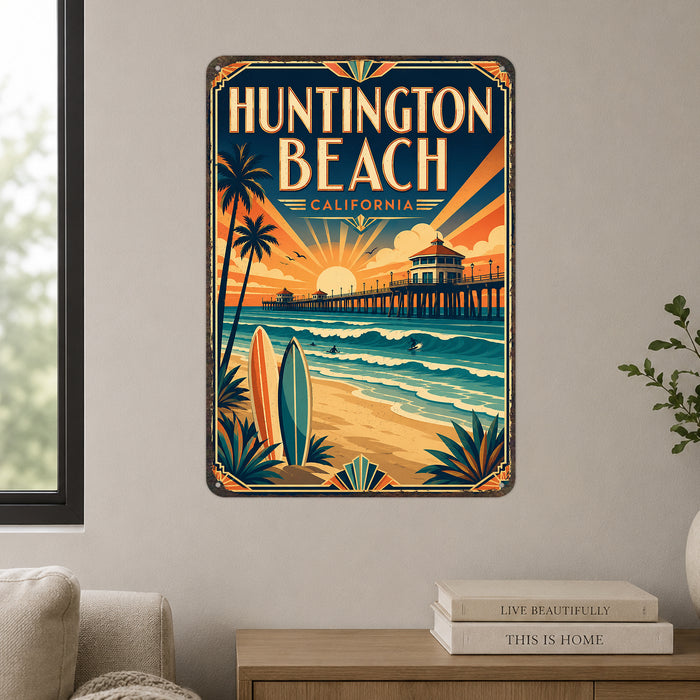 Huntington Beach California metal sign with art-deco vintage travel poster style of Huntington Beach California (california