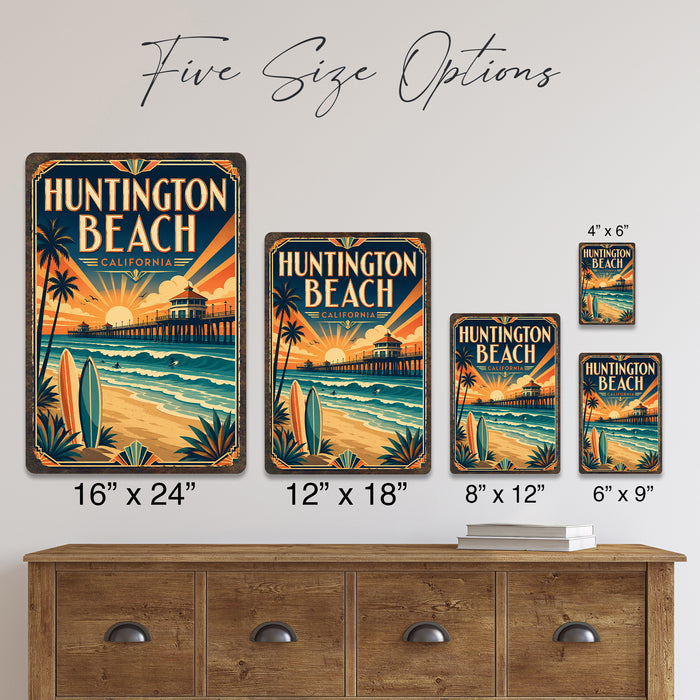 Huntington Beach California metal sign with art-deco vintage travel poster style of Huntington Beach California (california