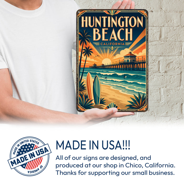 Huntington Beach California metal sign with art-deco vintage travel poster style of Huntington Beach California (california