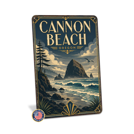 Cannon Beach Oregon metal sign with art-deco vintage travel poster style of Cannon Beach Oregon (oregon pacific)