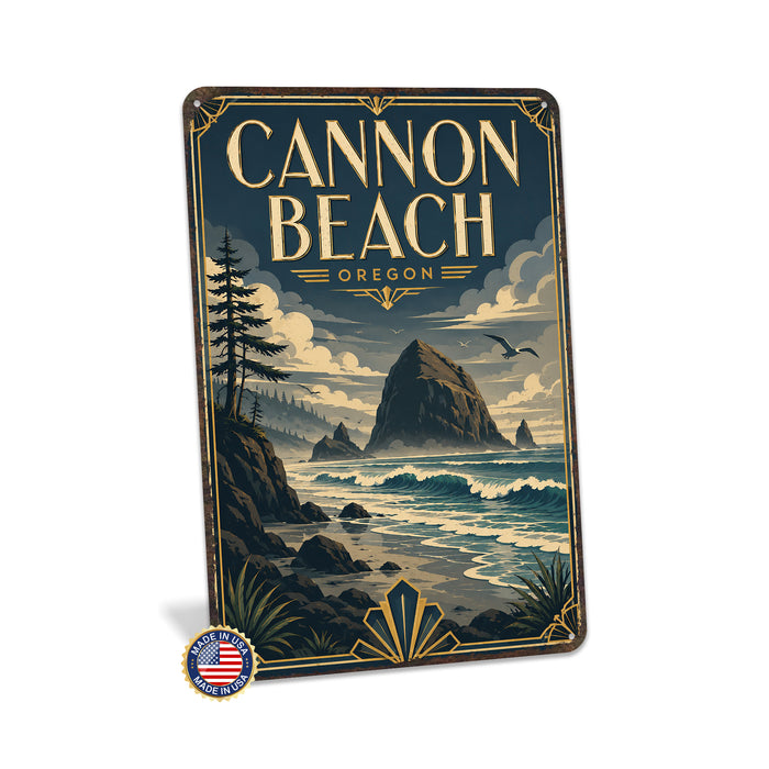 Cannon Beach Oregon metal sign with art-deco vintage travel poster style of Cannon Beach Oregon (oregon pacific)