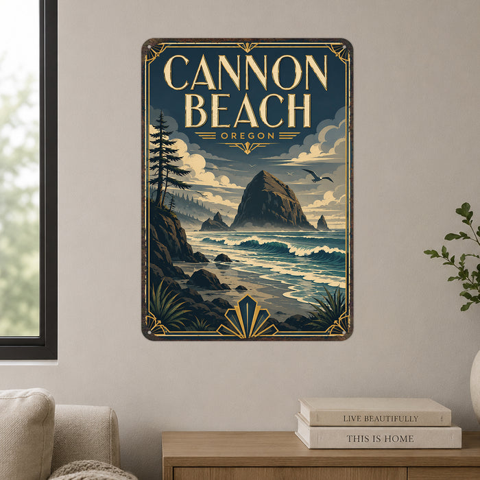 Cannon Beach Oregon metal sign with art-deco vintage travel poster style of Cannon Beach Oregon (oregon pacific)