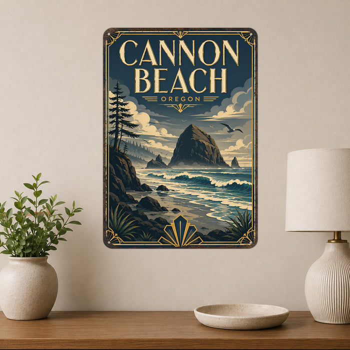 Cannon Beach Oregon metal sign with art-deco vintage travel poster style of Cannon Beach Oregon (oregon pacific)