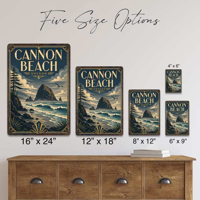 Cannon Beach Oregon metal sign with art-deco vintage travel poster style of Cannon Beach Oregon (oregon pacific)