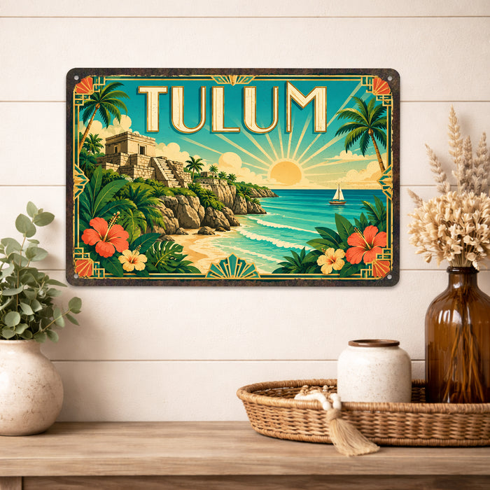 Tulum Mexico metal sign with art-deco vintage travel poster style of Tulum Mexico (mexico riviera)