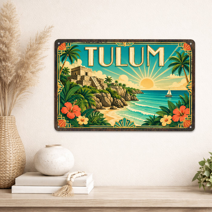 Tulum Mexico metal sign with art-deco vintage travel poster style of Tulum Mexico (mexico riviera)