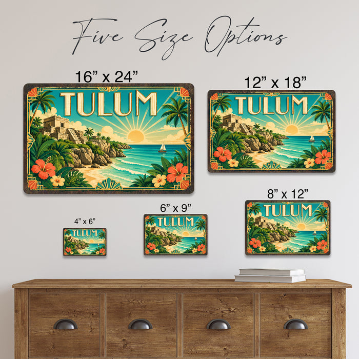 Tulum Mexico metal sign with art-deco vintage travel poster style of Tulum Mexico (mexico riviera)