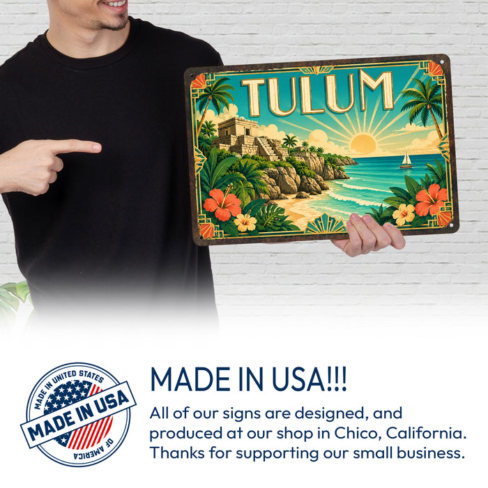 Tulum Mexico metal sign with art-deco vintage travel poster style of Tulum Mexico (mexico riviera)