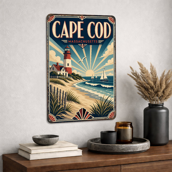 Cape Cod Massachusetts metal sign with art-deco vintage travel poster style of Cape Cod Massachusetts (new england coast)