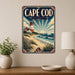 Cape Cod Massachusetts metal sign with art-deco vintage travel poster style of Cape Cod Massachusetts (new england coast)