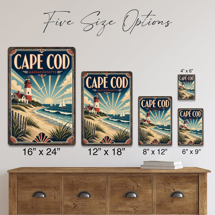 Cape Cod Massachusetts metal sign with art-deco vintage travel poster style of Cape Cod Massachusetts (new england coast)
