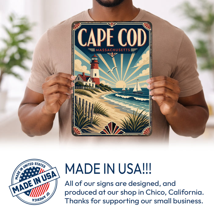 Cape Cod Massachusetts metal sign with art-deco vintage travel poster style of Cape Cod Massachusetts (new england coast)