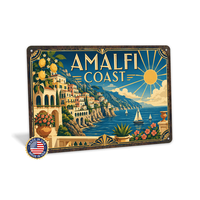 Amalfi Coast Italy metal sign with art-deco vintage travel poster style of Amalfi Coast Italy (italy mediterranean)
