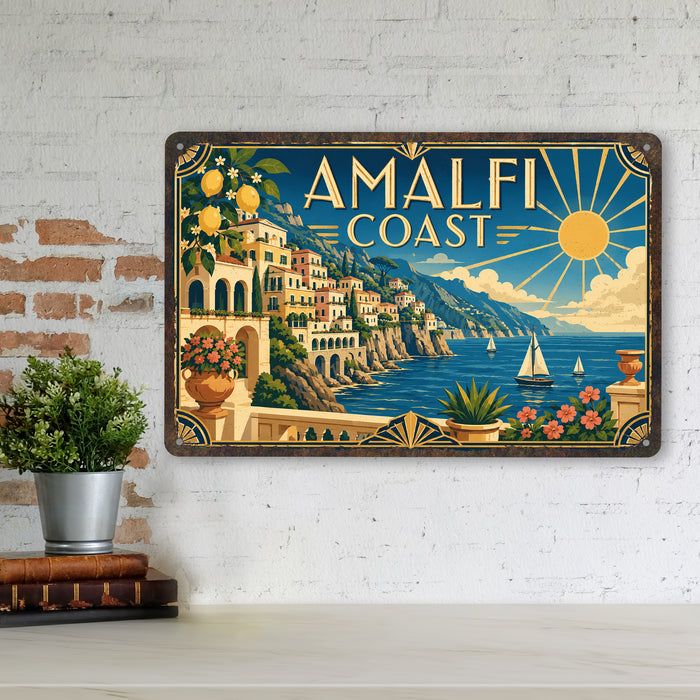 Amalfi Coast Italy metal sign with art-deco vintage travel poster style of Amalfi Coast Italy (italy mediterranean)