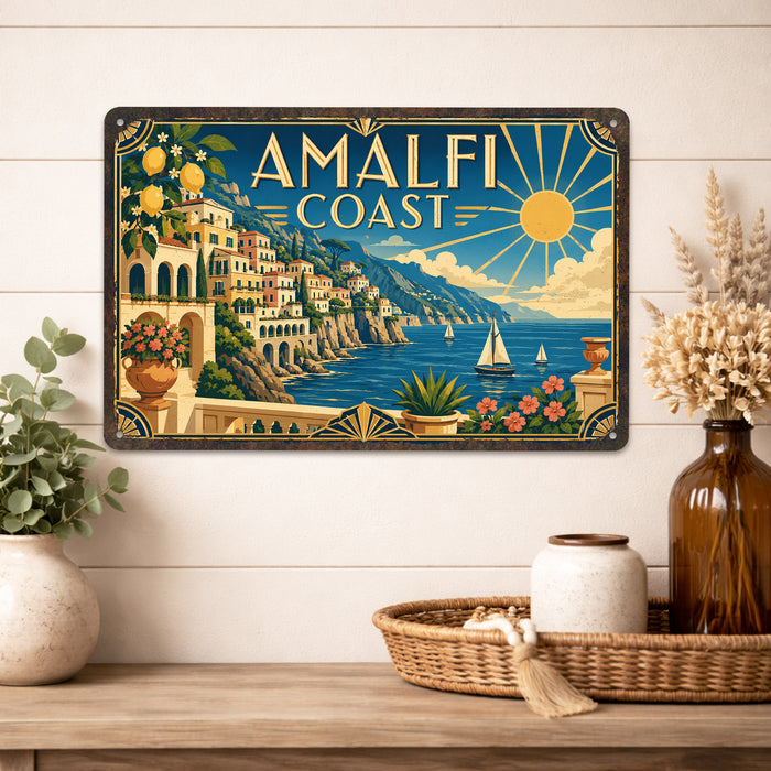 Amalfi Coast Italy metal sign with art-deco vintage travel poster style of Amalfi Coast Italy (italy mediterranean)