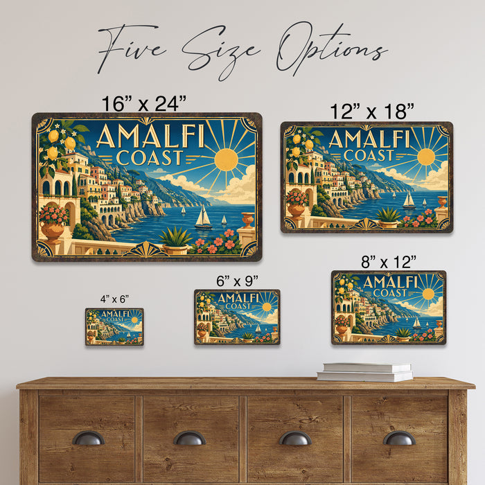 Amalfi Coast Italy metal sign with art-deco vintage travel poster style of Amalfi Coast Italy (italy mediterranean)