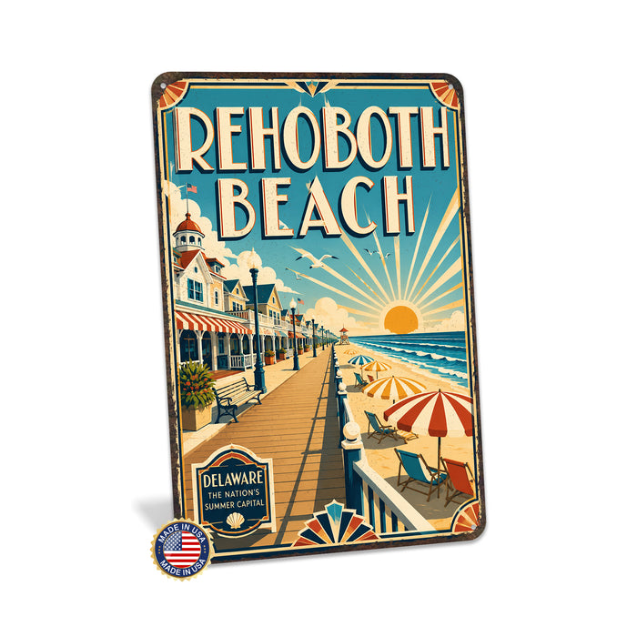 Rehoboth Beach Delaware metal sign with art-deco vintage travel poster style of Rehoboth Beach Delaware (delaware atlantic)