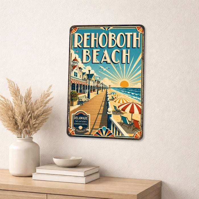 Rehoboth Beach Delaware metal sign with art-deco vintage travel poster style of Rehoboth Beach Delaware (delaware atlantic)