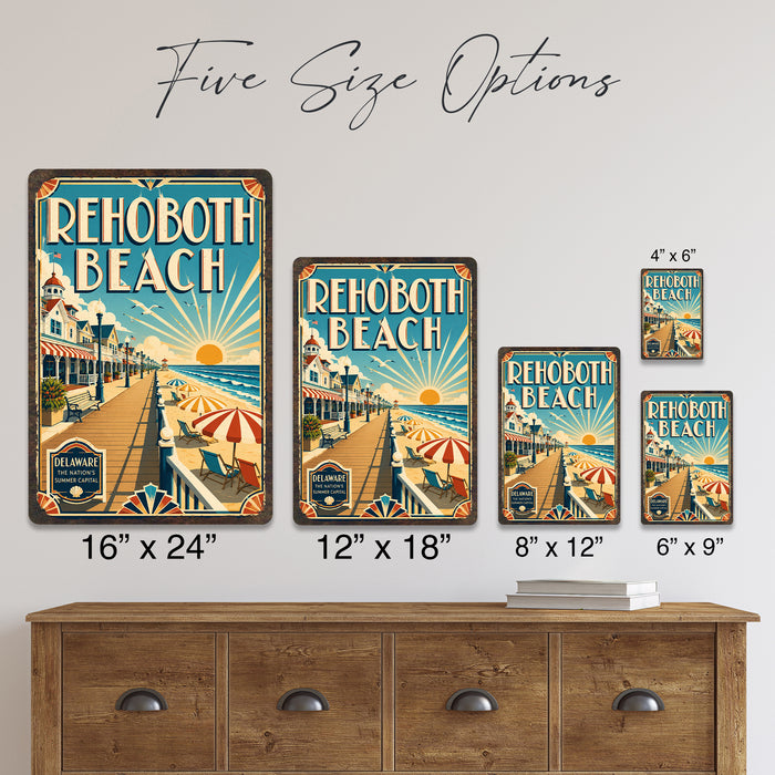 Rehoboth Beach Delaware metal sign with art-deco vintage travel poster style of Rehoboth Beach Delaware (delaware atlantic)