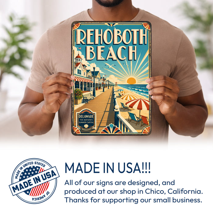 Rehoboth Beach Delaware metal sign with art-deco vintage travel poster style of Rehoboth Beach Delaware (delaware atlantic)