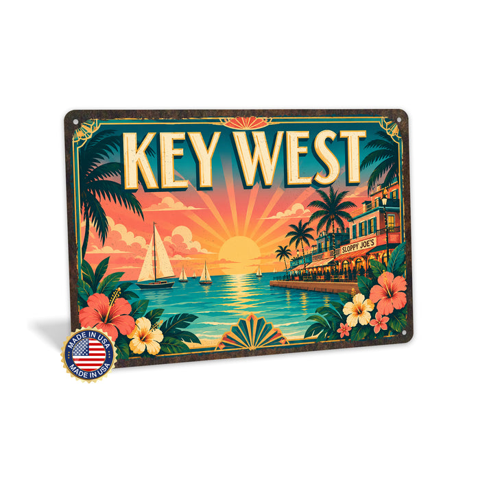 Key West Florida metal sign with art-deco vintage travel poster style of Key West Florida (florida keys)