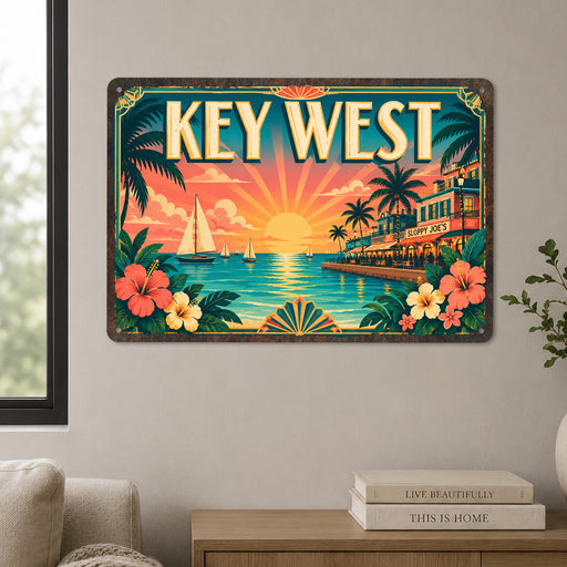 Key West Florida metal sign with art-deco vintage travel poster style of Key West Florida (florida keys)