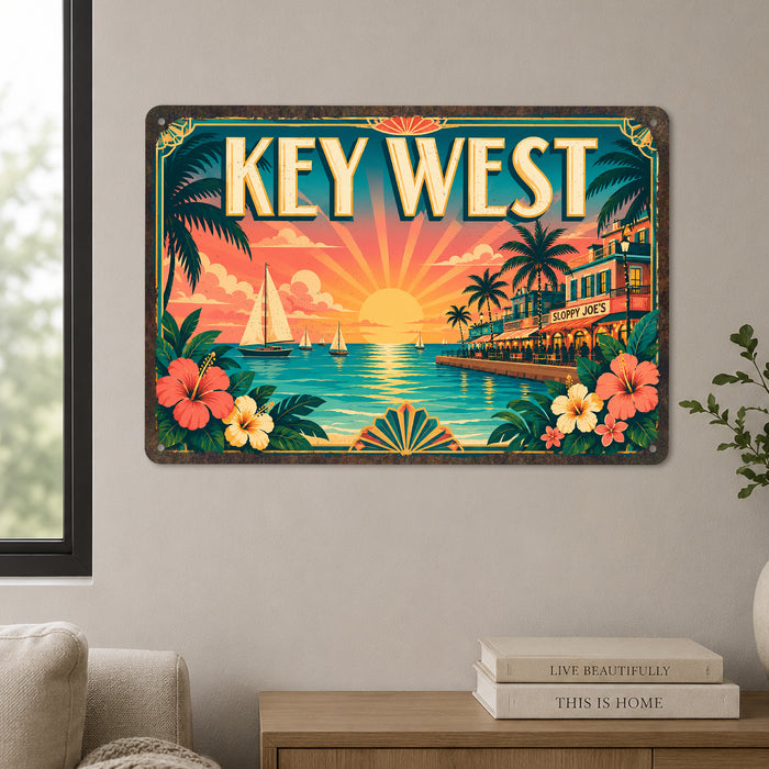 Key West Florida metal sign with art-deco vintage travel poster style of Key West Florida (florida keys)