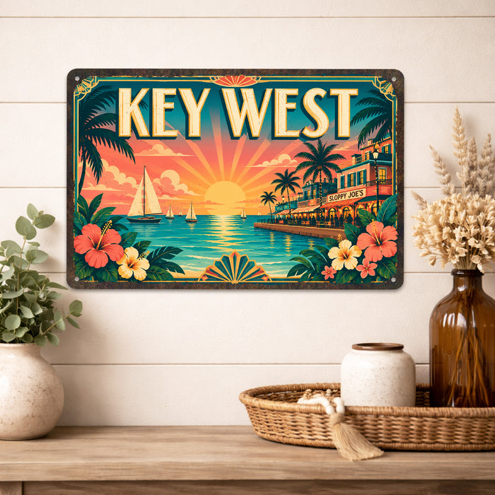 Key West Florida metal sign with art-deco vintage travel poster style of Key West Florida (florida keys)