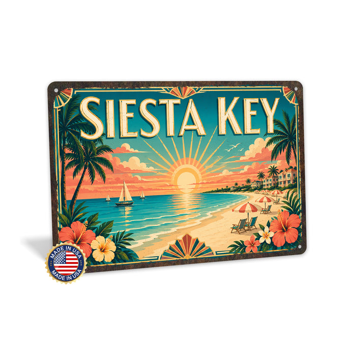 Siesta Key Florida metal sign with art-deco vintage travel poster style of Siesta Key Florida (florida gulf)