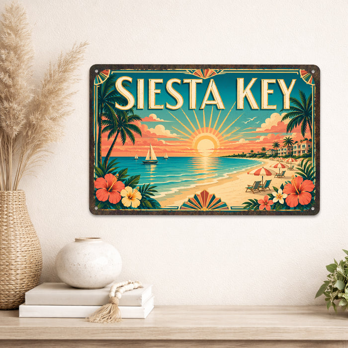 Siesta Key Florida metal sign with art-deco vintage travel poster style of Siesta Key Florida (florida gulf)