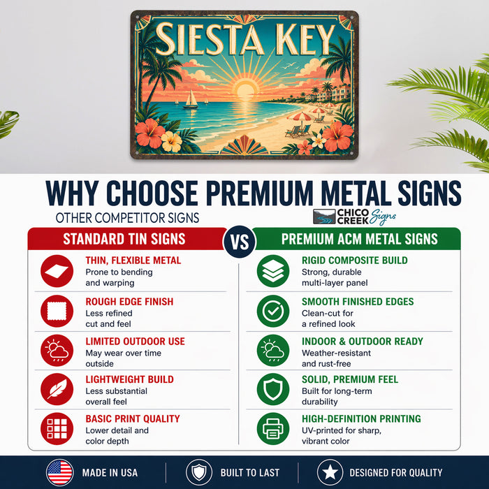 Siesta Key Florida metal sign with art-deco vintage travel poster style of Siesta Key Florida (florida gulf)
