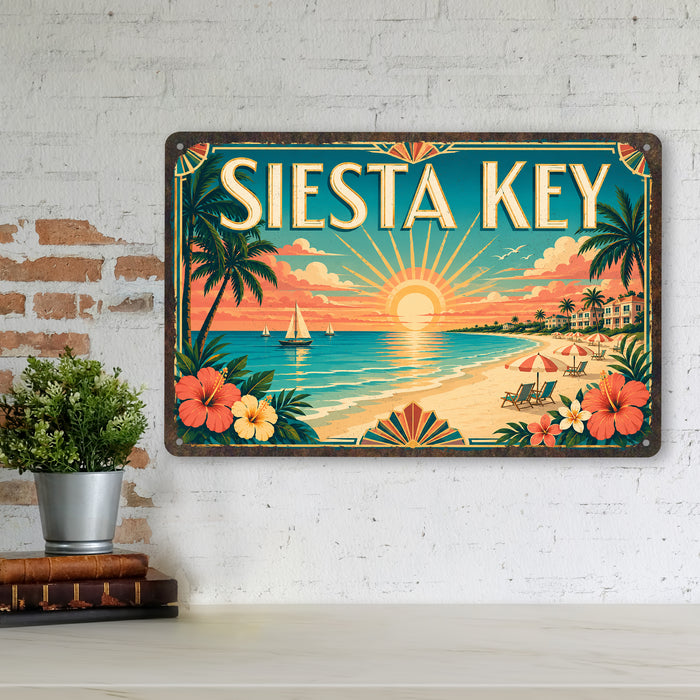 Siesta Key Florida metal sign with art-deco vintage travel poster style of Siesta Key Florida (florida gulf)