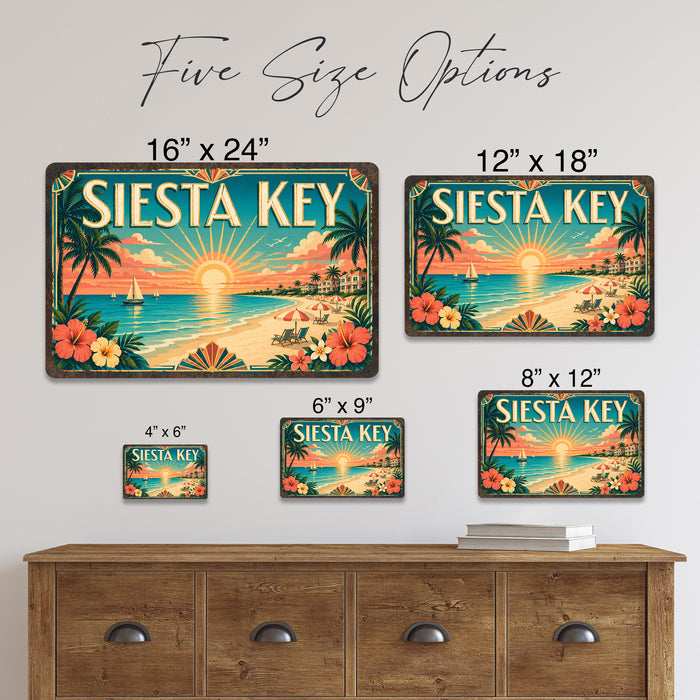 Siesta Key Florida metal sign with art-deco vintage travel poster style of Siesta Key Florida (florida gulf)