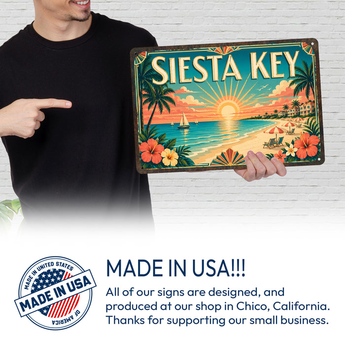Siesta Key Florida metal sign with art-deco vintage travel poster style of Siesta Key Florida (florida gulf)